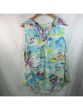 Crown & Ivy Sleeveless Top Size Tank V Neck Beach Theme Blouse Beachy XL